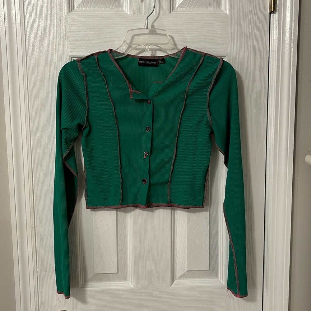 Green Rib Splice Contrast Button Shirt - Picture 2 of 4
